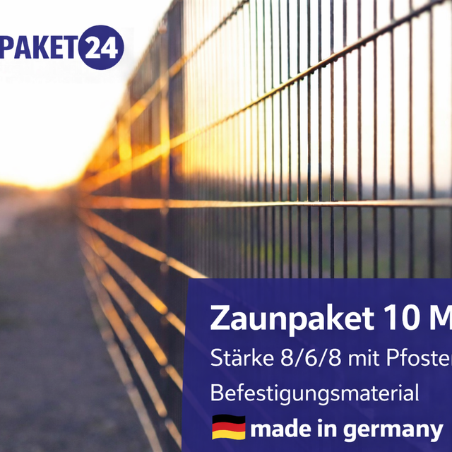 10-meter double wire fence panels 8/6/8 with posts, premium quality, made in Germany, from Zaunpaket24.