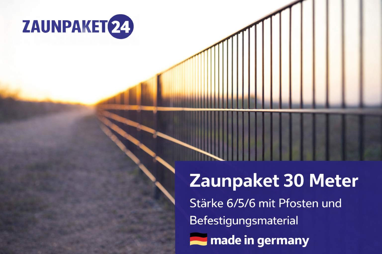 30-meter Zaunpaket with 6/5/6 double wire panels and posts in premium quality, made in Germany.