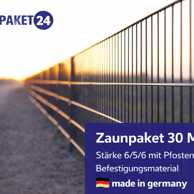 30-meter Zaunpaket with 6/5/6 double wire panels and posts in premium quality, made in Germany.