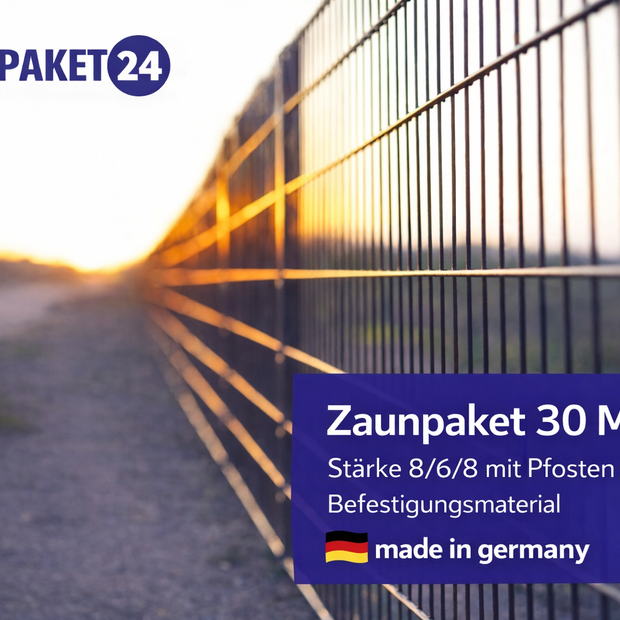 30 meter double wire fence panels 8/6/8 with posts, premium quality, made in Germany, by Zaunpaket24.