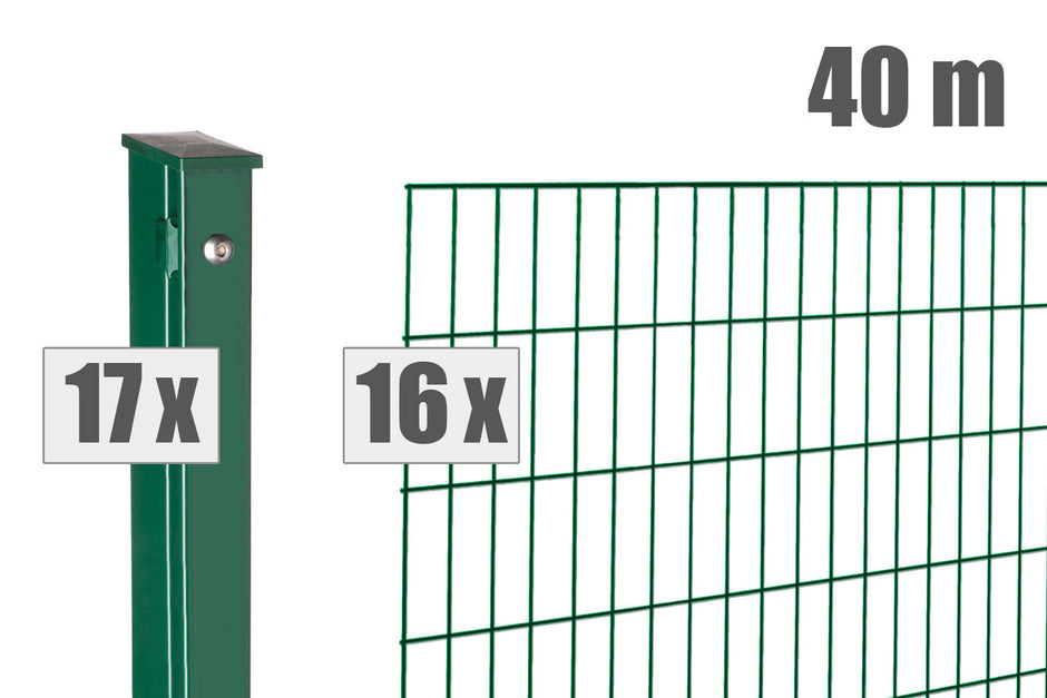40-meter double wire fence panels in RAL 6005 green with posts, premium quality from Zaunpaket.