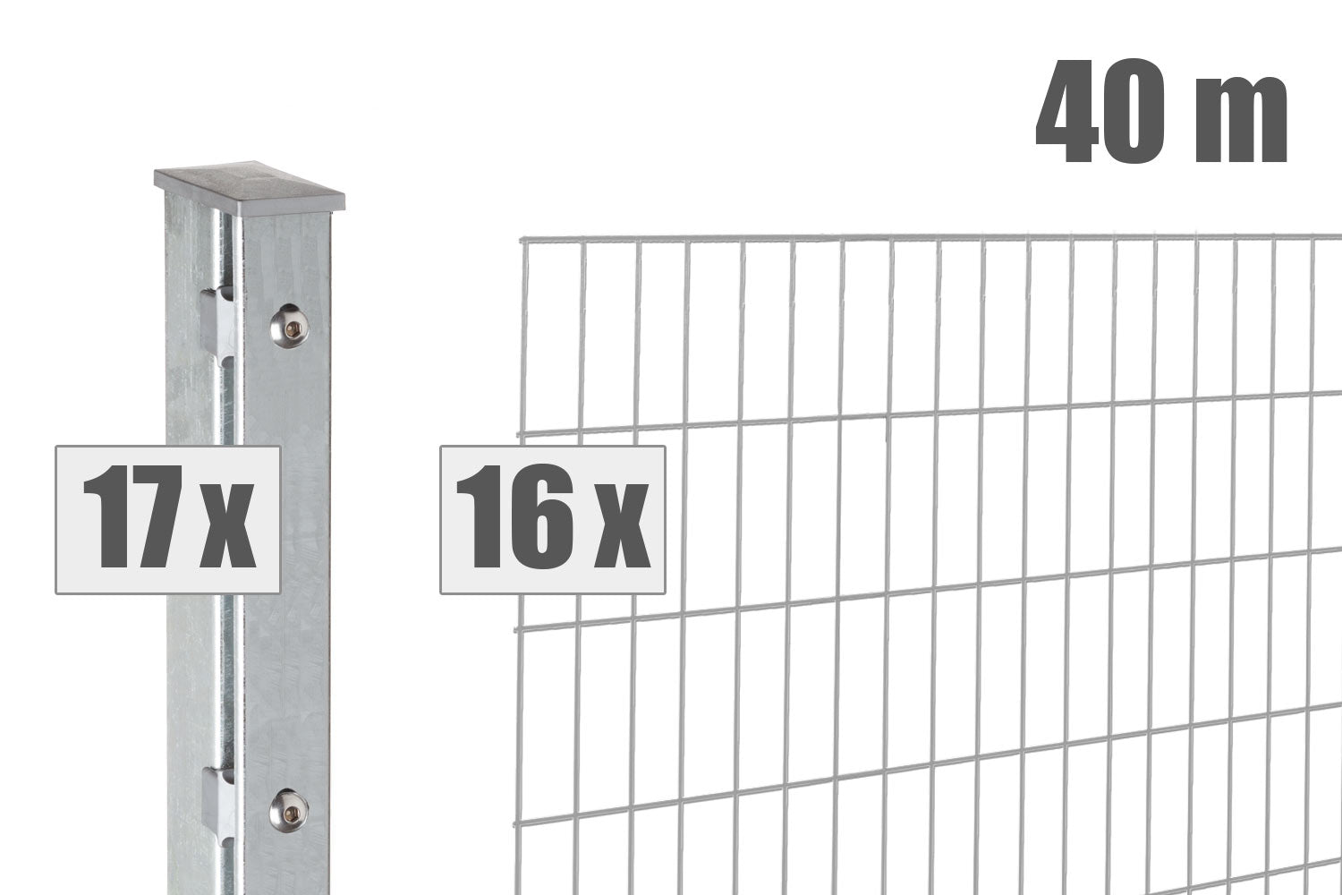 40-meter double wire fence panels with posts, premium quality, made in Germany, featuring galvanized finish.