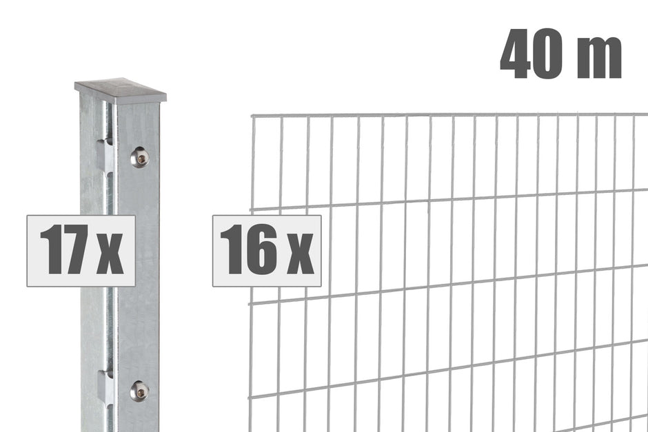 40-meter double wire fence panels with posts, premium quality, made in Germany, featuring galvanized finish.