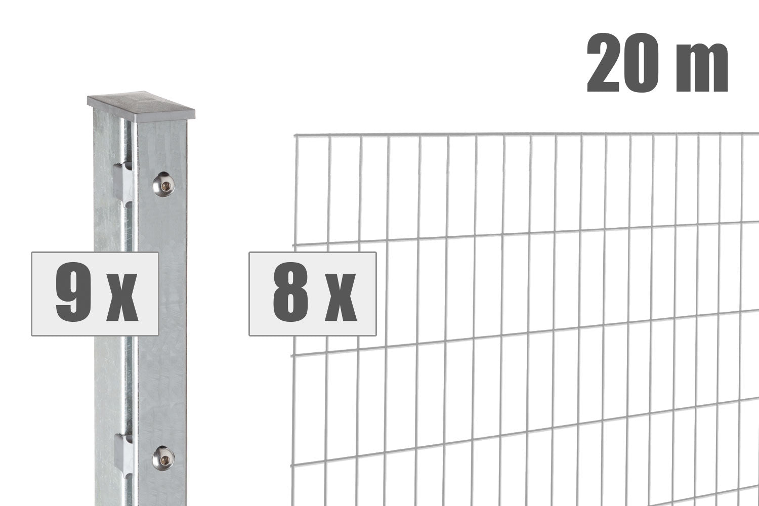20-meter double wire fence panels with posts, premium quality, showcasing sturdy design and finish in a garden setting.
