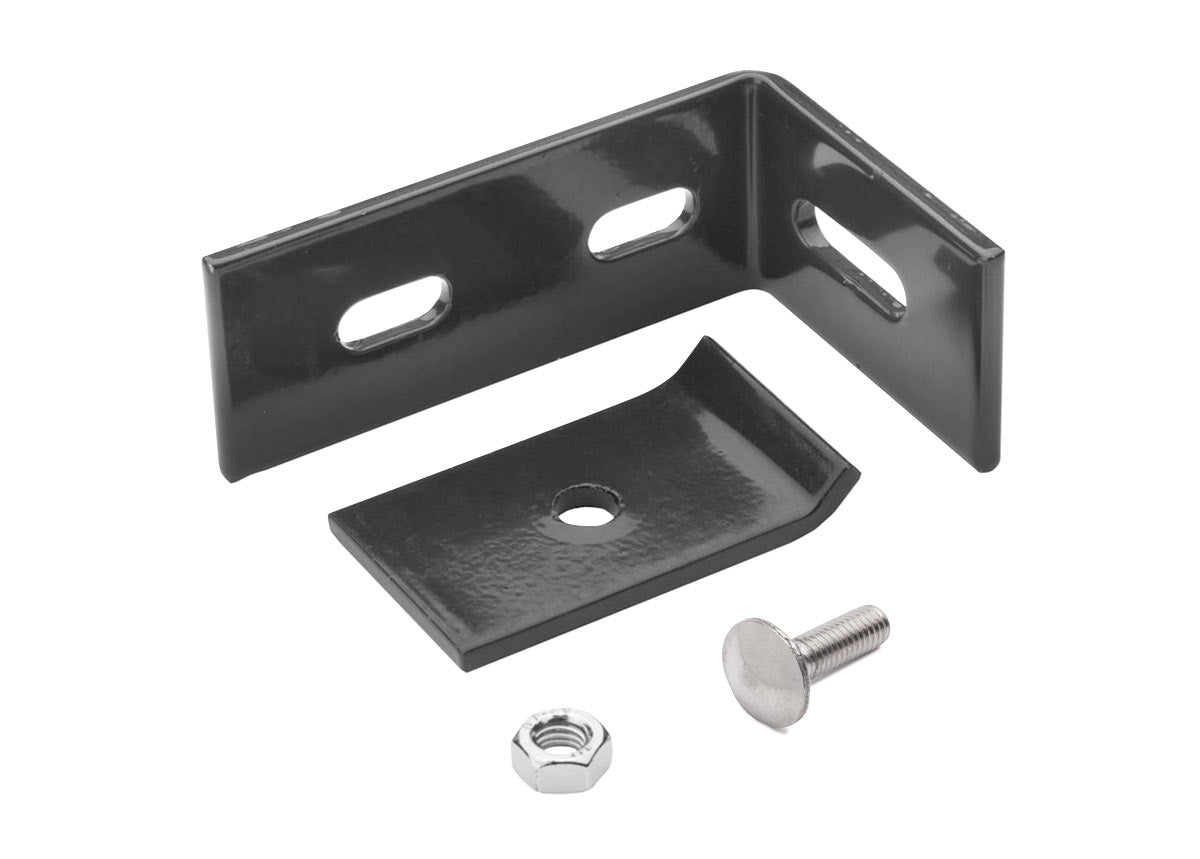 Zaunanschlusswinkel von Zaunpaket24, aus robustem Metall, mit Schrauben für sicheren Zaunanschluss, auf weißem Hintergrund.