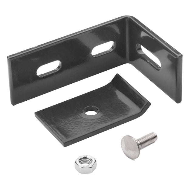 Zaunanschlusswinkel von Zaunpaket24, aus robustem Metall, mit Schrauben für sicheren Zaunanschluss, auf weißem Hintergrund.