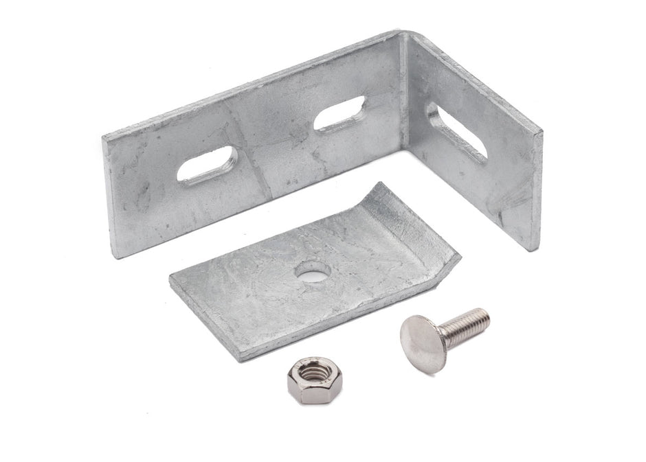 Zaunanschlusswinkel von Zaunpaket24, aus robustem Metall, zeigt den Winkel für stabile Zaunverbindungen.