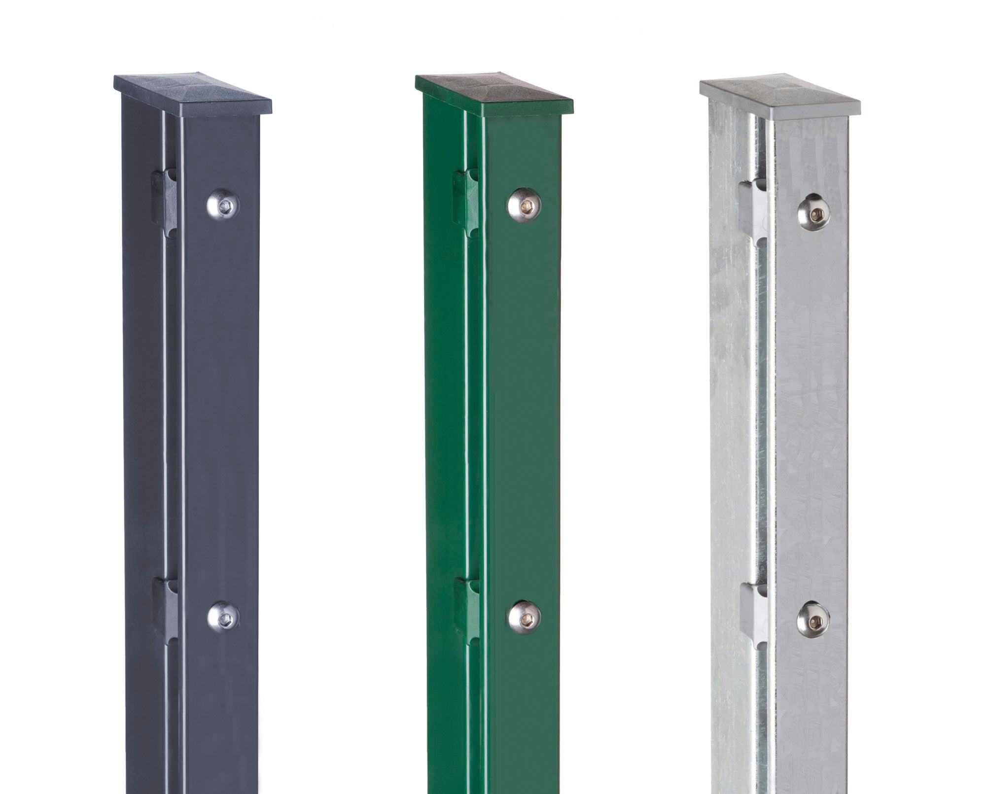 Zaunpfosten mit Abdeckleiste in drei Farben, von Zaunpaket24, auf neutralem Hintergrund präsentiert.