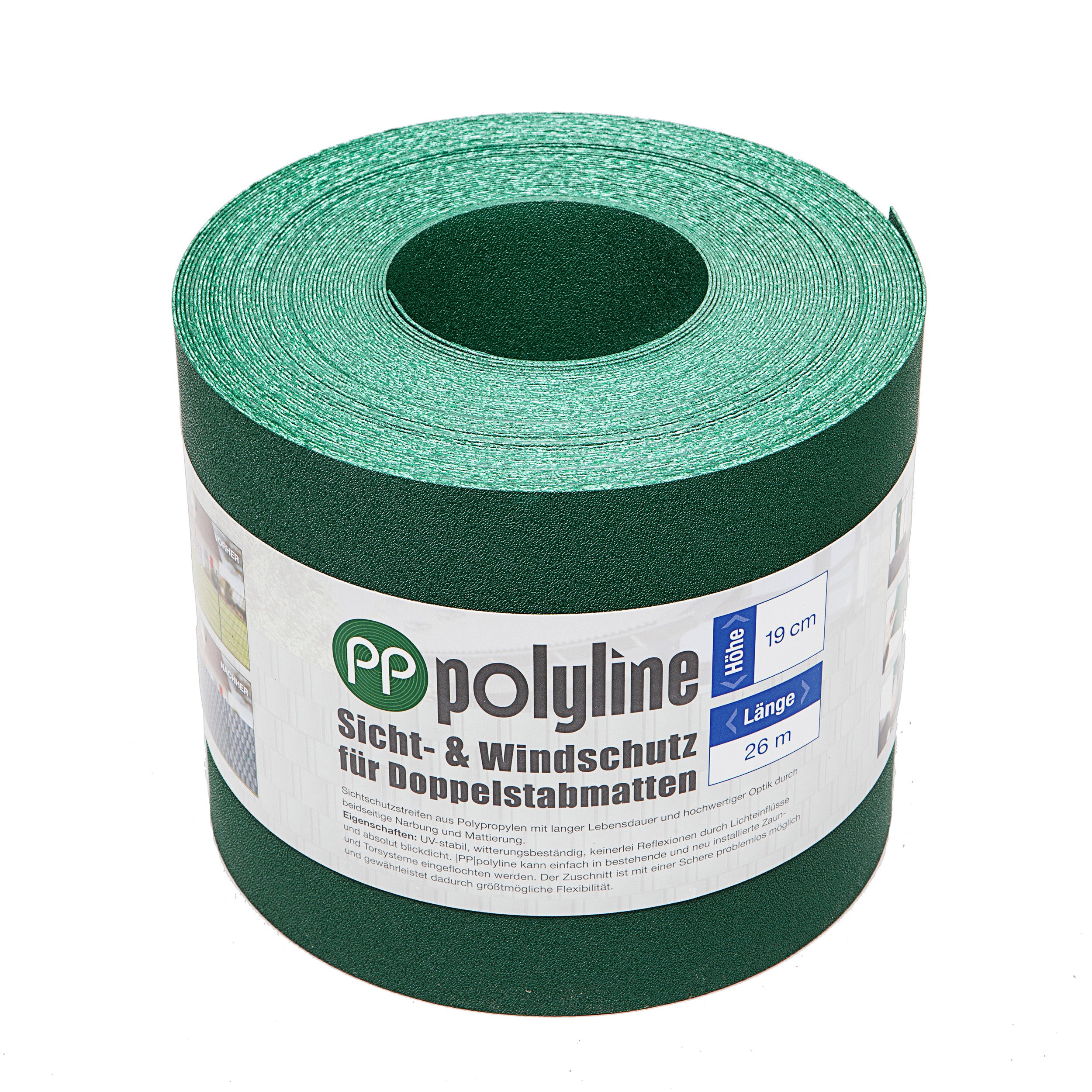 Wind- und Sichtschutzstreifen aus Polypropylen in Grün, 26 m lang, ideal für Garten- und Terrassenabgrenzungen.