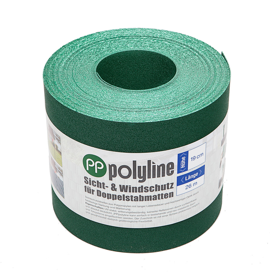 Wind- und Sichtschutzstreifen aus Polypropylen in Grün, 26 m lang, ideal für Garten- und Terrassenabgrenzungen.