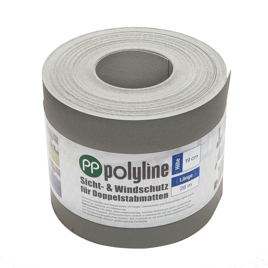 Zaunpaket24 wind and privacy protection strips made of polypropylene, 26 meters long, displayed in an outdoor setting.